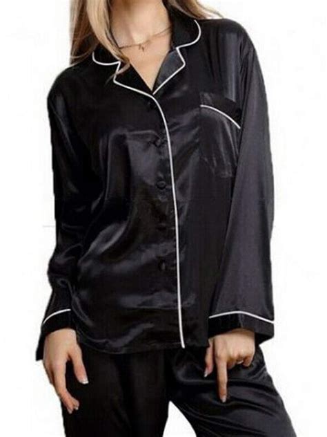 Womens Girls Silk Satin Pajamas Set Long Sleeve Loose Sleepwear Nightwear Black