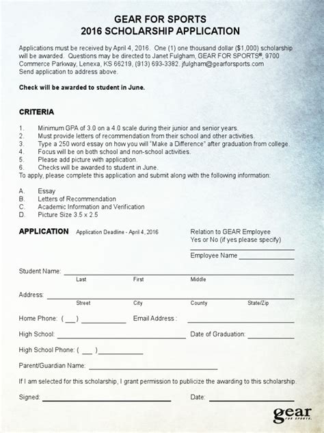 Scholarships may be awarded on the ground of financial inadequacy of based on academic excellence. 2016 Gear For Sports Scholarship Application | Learning ...
