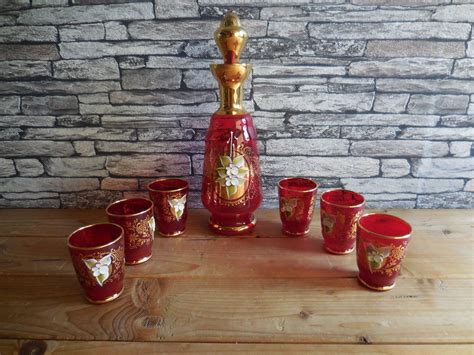 Vintage Bohemian Glass Decanter With 6 Matching Shot Glasses Etsy