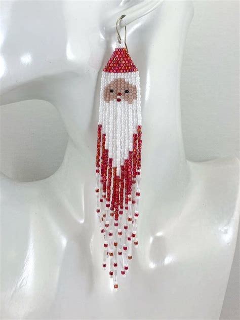 Santa Shoulder Duster Earrings Long Christmas Seed Bead Image 1 Fringe