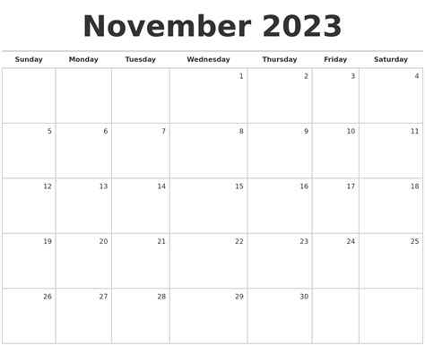 November 2023 Blank Monthly Calendar