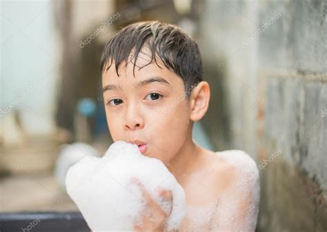 Little Boy Showering With Foam Bath Outdoor Stock Photo By ©wckiw 88705818