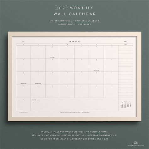 2021 Printable Monthly Wall Calendar Instant Download 11 X Etsy