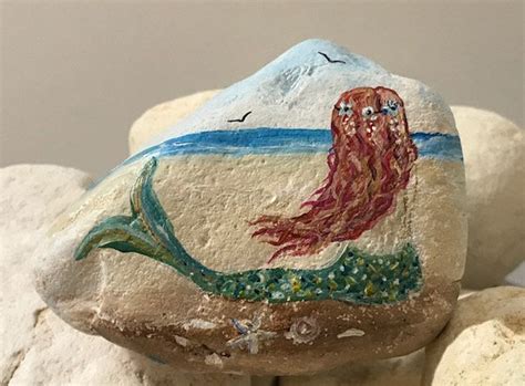 Mermaid Painted Rock Mermaid On The Beach Hand Painted Stone Etsy