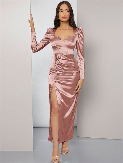 Dusty Pink Glamorous Long Sleeve Satin Plain Fitted Embellished Non