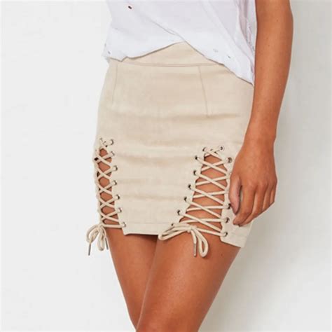2018 Fashion Women Sexy Suede Fabric Skirt Causal Lace Up Bandage Elastic Short Mini Skirt