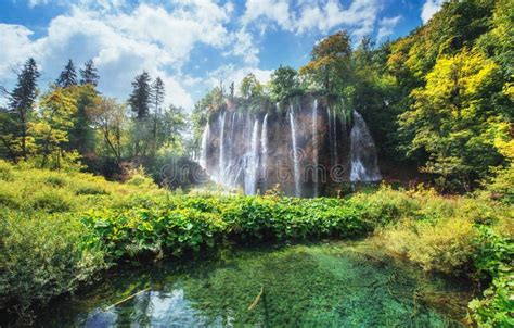 Waterfalls In National Park Falling Into Turquoise Lake Plitvice