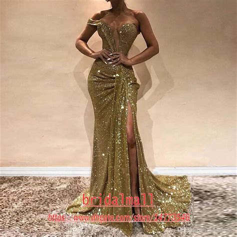 New Gold Sequined Mermaid Evening Dresses Elegant One Shoulder