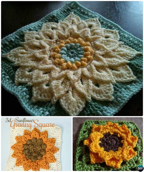 Crochet 3D Sunflower Granny Square Free Patterns • DIY How To