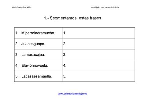 Ejercicios dislexia Separar frases escritas en palabras conciencia