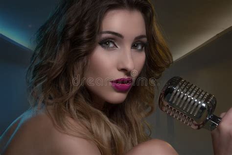 Naked Woman With Retro Mic Stock Image Image Of Holding