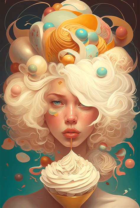 A Painting Of A Woman With An Ice Cream Sundae On Her Head