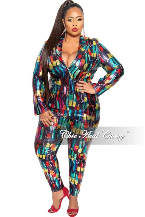 Final Sale Plus Size 2 Piece Pants Suit In Multi Color Sequin Chic
