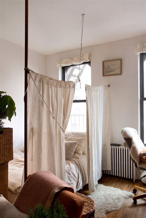 Studio apartment room divider curtain. microapartment | small home | small studio apartment ideas