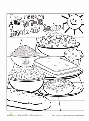 The fruit food group is the red part of the new myplate and the food pyramid. Food Groups Coloring Page: Breads and Grains | Group meals ...