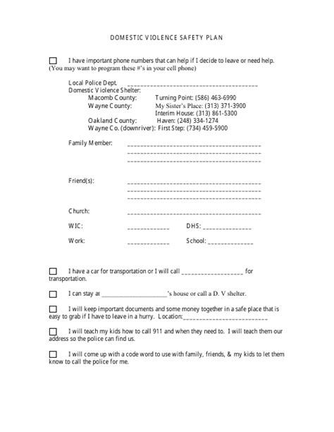 Domestic Violence Safety Plan Template Download Printable Pdf