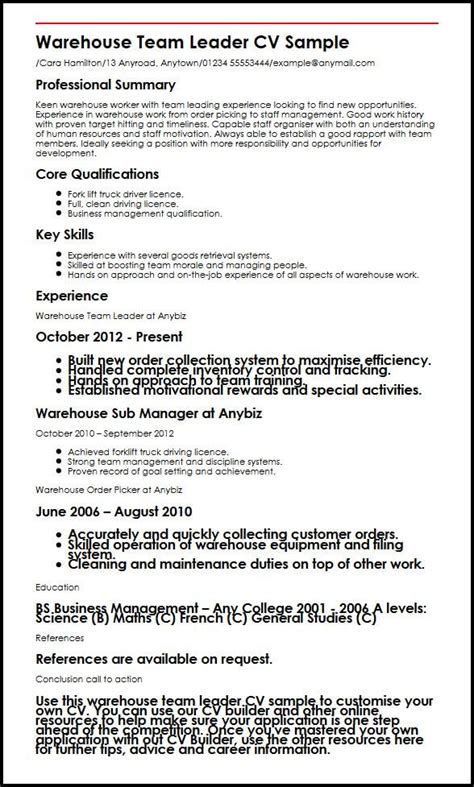 Access all the cv templates below and 1000's more. Warehouse Team Leader CV Sample - MyPerfectCV