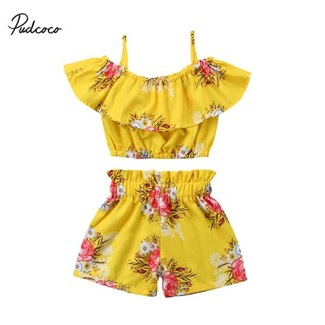 Pudcoco Toddler Girl Summer Clothing Off Shoulder Ruffle Tops Elastic