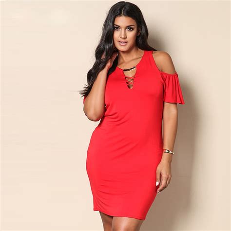 sexy red plus size knitted party dress lady s deep v ruffled cold shoulder summer cocktail prom