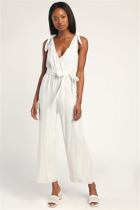 white jumpsuit tie strap jumpsuit wide leg jumpsuit lulus