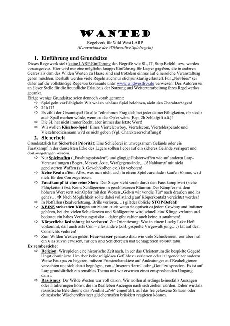 WANTED 1.2. Kurzfassung Regeln Wild West Larp - Atakanies
