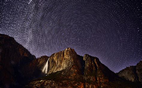 Stars Timelapse Mountains Waterfall Night Sky Wallpaper 1920x1200