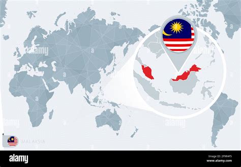 Pacific Centered World Map With Magnified Malaysia Flag And Map Of
