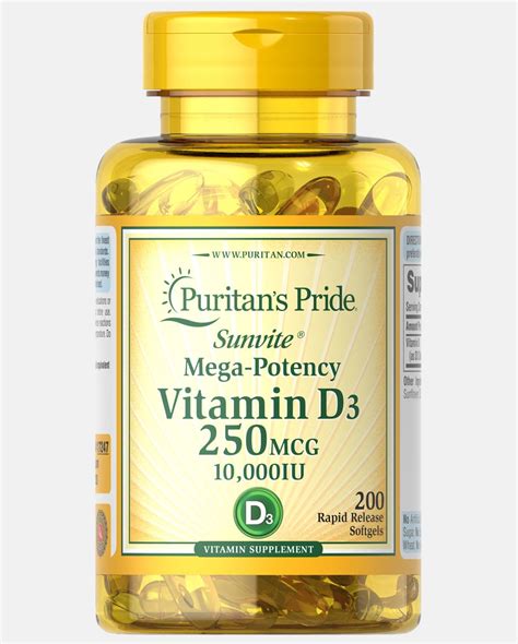 Vitamin D3 250 Mcg 10000 Iu 200 Softgels Puritans Pride