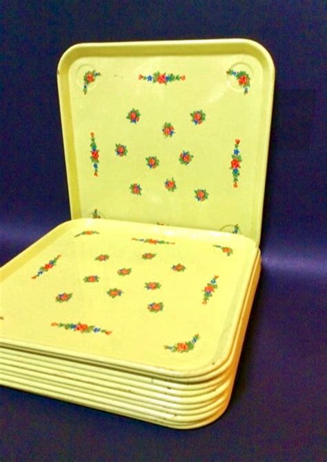 1950s Retro Metal Snack Trays Set Of 12 Yellow With Pink Etsy