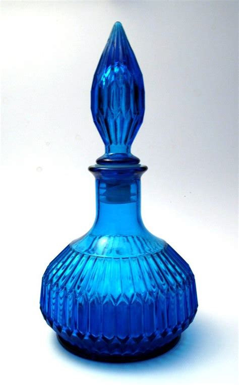 Vintage Blue Glass Genie Bottle With Stopper Retro Eames Era Mid Century Cristalería
