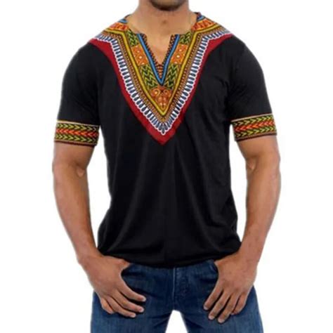 Men T Shirt African Traditional Dashiki V Neck Male Shirt Hip Hop Vintage Floral Short Sleeve