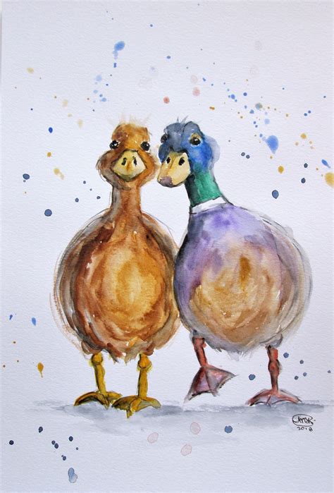 Original Duck Painting By Marjansart Mallard Duck Couple In Love