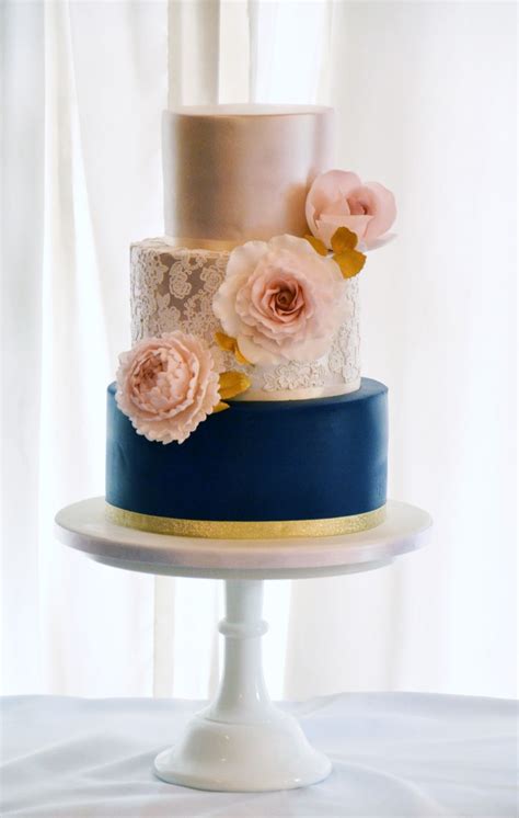 Modern Blue And Gold Lace Wedding Cake