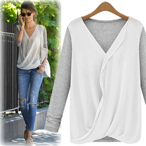 Chiffon Patchwork Ruches V Neck Long Sleeves Fashion Blouse Long