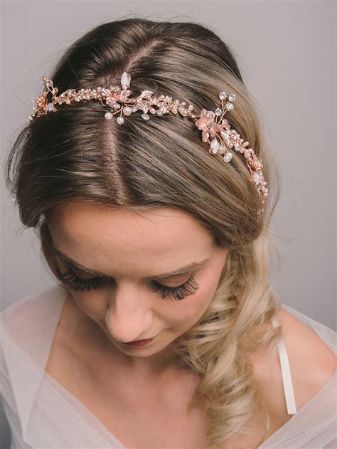sweetv rose gold bridal headband tiara wedding vine flower halo handmade pearl women hair