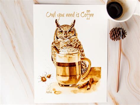 Coffee Bar Decor Owl Gifts Owl Art Print Coffee Painting Etsy