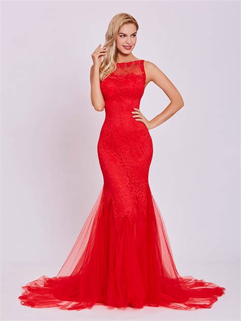 Mermaid Sheer Tulle Lace Red Evening Gown Vividress12124 R2475