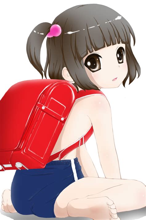 Higashi Tarou Original Highres 1girl Ass Asymmetrical Hair Backpack Bag Barefoot Brown
