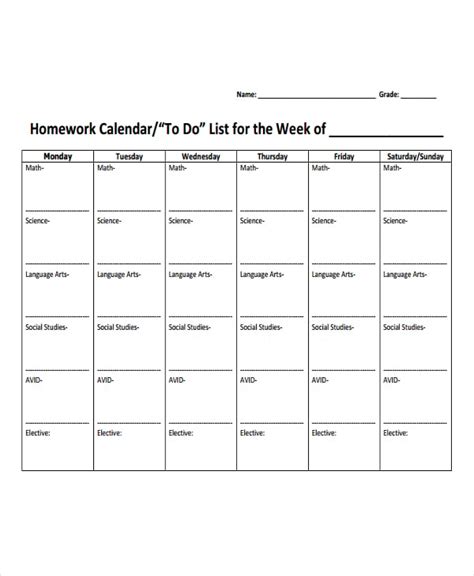 Homework Calendar Template