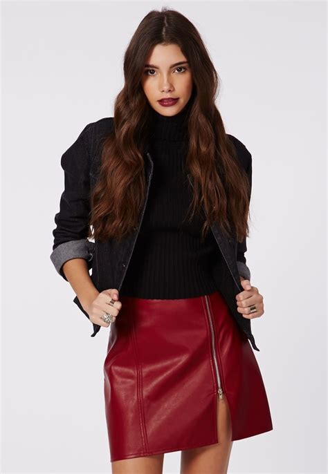missguided naomi faux leather zip a line skirt burgundy 40 missguided lookastic