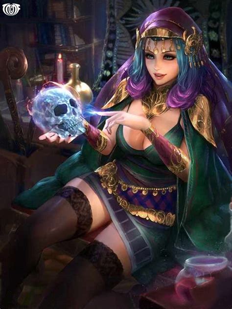A Woman With Purple Hair Holding A Crystal Ball In Her Hand And Sitting