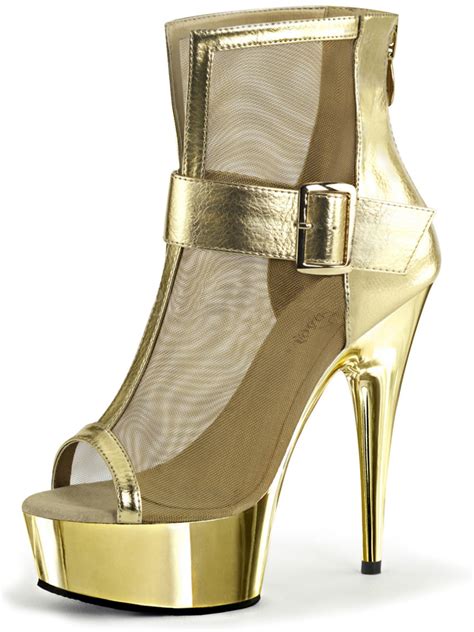 Summitfashions Womens Gold High Heels Mesh Platform Booties Buckle Ankle Strap 6 Inch Shoes