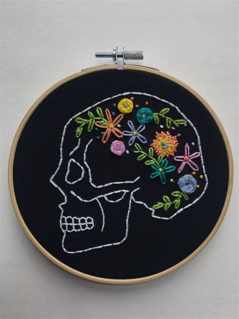 Embroidered Skull Embroidery Hoop Art Floral Embroidery Etsy
