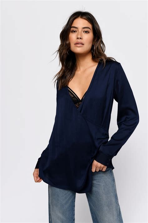 Cute Blouse Navy Blue Top Long Sleeve Top Satin Collared Blouse