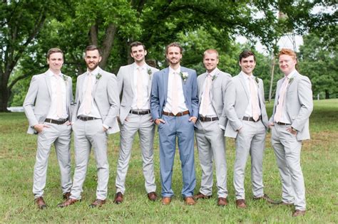 Grooms Blue Suit And Groomsmen In Gray Suits Groom S Different Suit Color Pop Windy Hill
