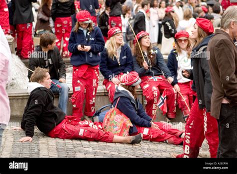A Large Gathering Of Russ The Graduating Class In Oslo Norway In Front Of The City Hall On The