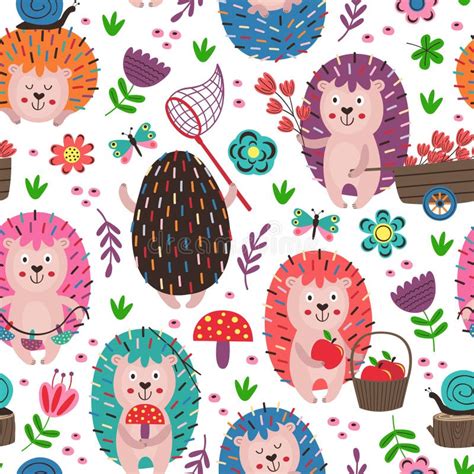 White Seamless Pattern With Colorful Hedgehogs Stock Vector