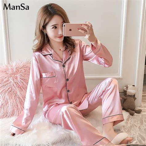 Long Sleeve Silk Pajamas For Women Autumn Pajama Set Silk Satin Pijama Mujeer Pink Pyjamas Plus