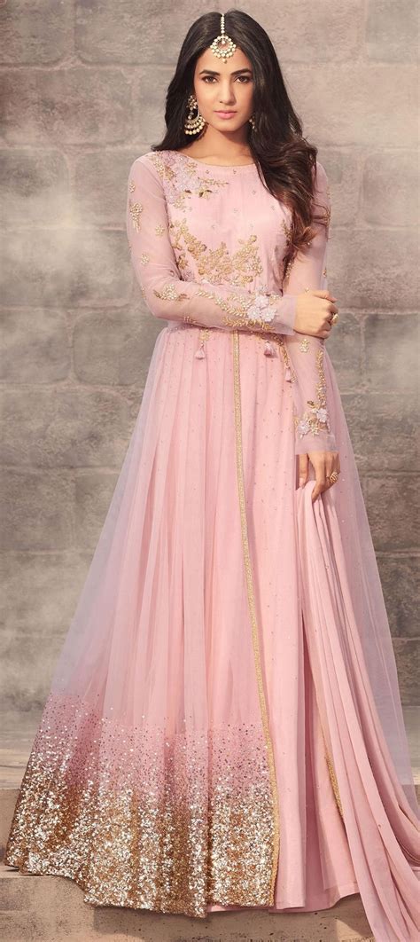 Net Party Wear Salwar Kameez In Pink And Majenta With Sequence Work