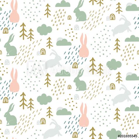 Seamless Childish Pattern With Cute Bunny Silhouette In